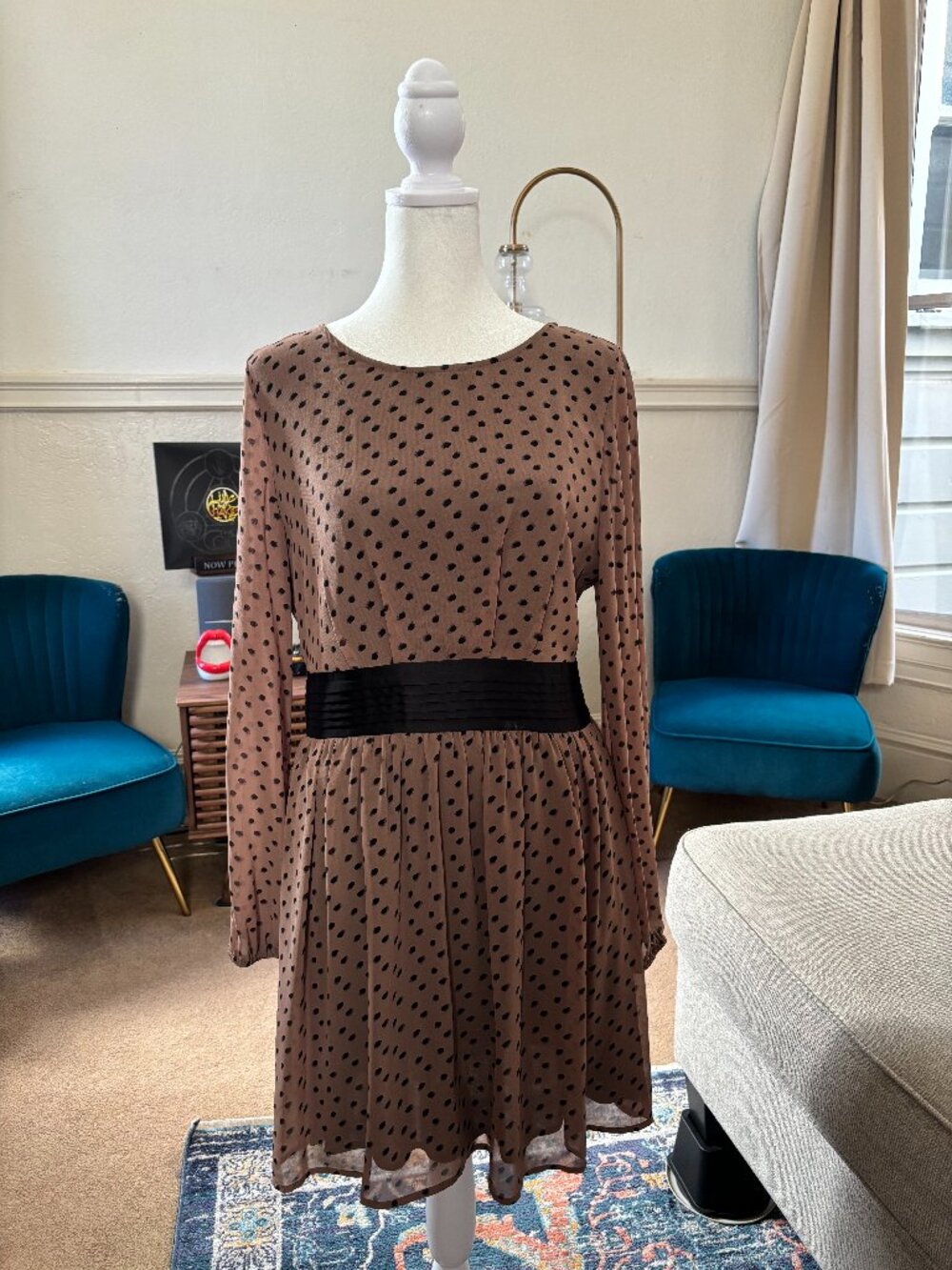 Forever 21 Tan Black Polka Dot Long Sleeve Dress S